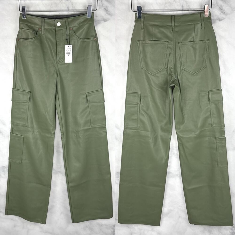 NWT Express High Waisted Vegan Leather Wide Leg Cargo Pants Raw Hem Green 24